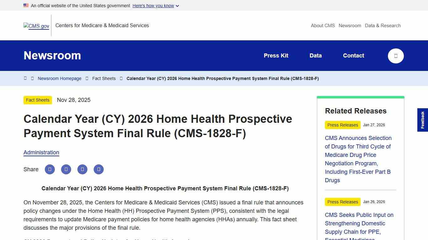 Calendar Year (CY) 2026 Home Health Prospective Payment System Final Rule (CMS-1828-F) CMS
