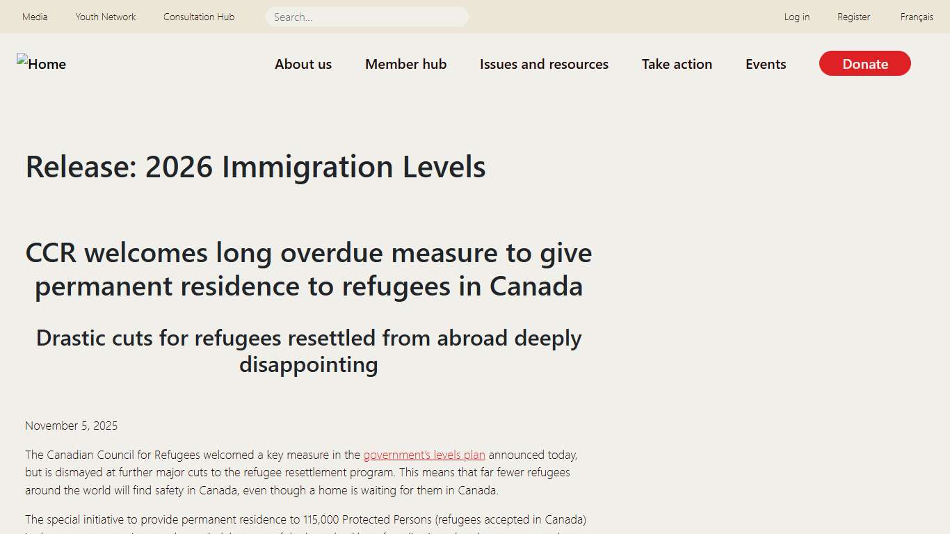 Release: 2026 Immigration Levels Canadian Council for Refugees